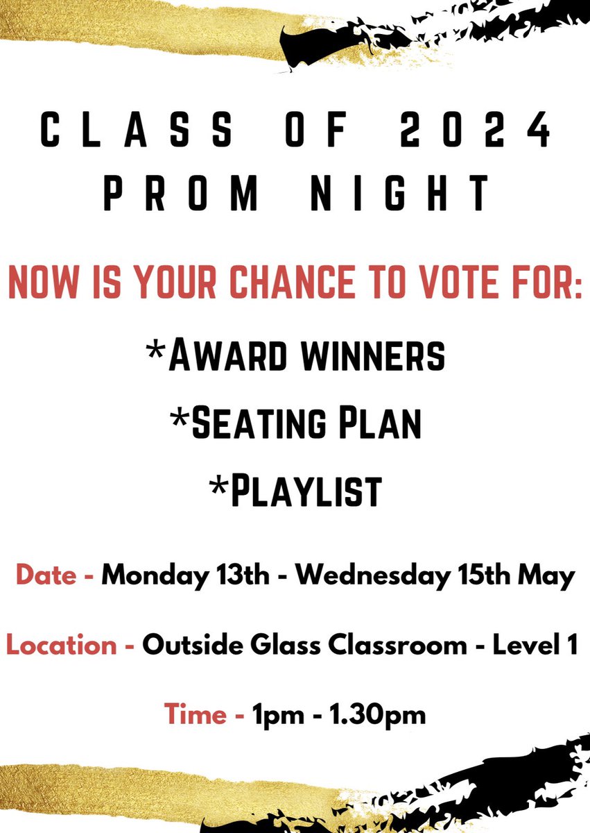 Year 11 students … today is your final opportunity to vote for your staff and student awards, submit your request for the seating plan and choose what you want the DJ to play at your prom. All forms to be handed into Miss Cass or Miss Bradburn. #Classof2024 🎓