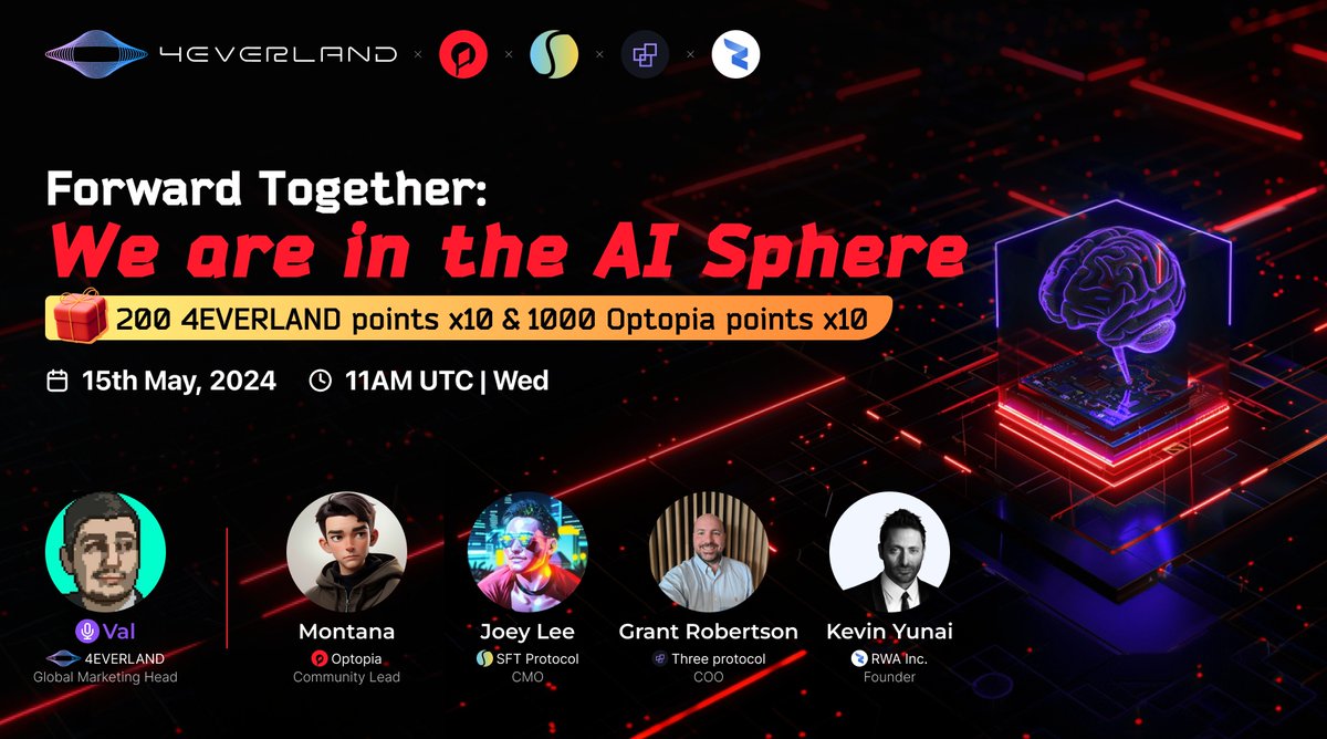 4EVERLAND (@4everland_org) on Twitter photo 💡Join our Twitter Space: We are in the #AI Sphere!
🎙Speakers from <a href="/Optopia_AI/">Optopia | 1st AI Agent Layer2</a> <a href="/SFTProtocol/">SFT Protocol</a> <a href="/ThreeProtocol/">Three Protocol</a> <a href="/RWA_Inc_/">RWA Inc.</a>
🗓️11AM UTC | Wed, 15th May, 2024
✅ Follow, 🔁&❤️ & Tag3
✅Attend our space till the end
🎁1000 #Optopia points*10
🎁200 #4EVERLAND points*10
📍#W3ST 💡Join our Twitter Space: We are in the #AI Sphere!
🎙Speakers from <a href="/Optopia_AI/">Optopia | 1st AI Agent Layer2</a> <a href="/SFTProtocol/">SFT Protocol</a> <a href="/ThreeProtocol/">Three Protocol</a> <a href="/RWA_Inc_/">RWA Inc.</a>
🗓️11AM UTC | Wed, 15th May, 2024
✅ Follow, 🔁&❤️ & Tag3
✅Attend our space till the end
🎁1000 #Optopia points*10
🎁200 #4EVERLAND points*10
📍#W3ST