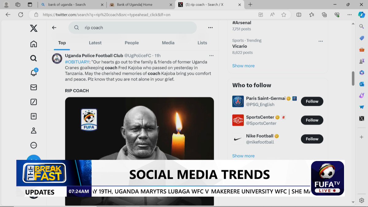 In Social Trends: ▪️ Ugandan football pays tribute to Coach Fred Kisitu Kajoba ▪️ Social Media erupts as Villa go top ahead of Matchday 30. #FUFATvBreakfast | #HomeOfUgandanSport