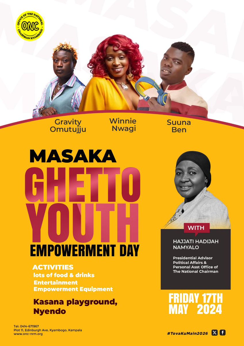 Kasana Playground Nyendo Masaka will be on fire this Friday 17th May as SPA Namyalo Hadijah empowers ghetto youth from all over greater masaka. There will lots of food and entertainment led by rapper gravity omutujju,curvaceous  Winnie Nwagi and Binyanyanyanya pro Sunna Ben