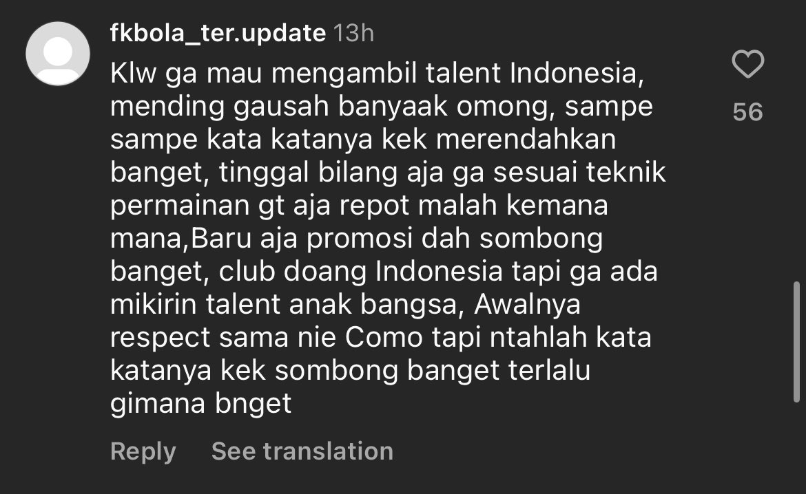Ohh jadi netizen bola ngerengek ke Como buat rekrut pemain Indonesia. Lalu dijawab kalau standarnya belum sampe jadi gak bisa. Ehhh malah tantrum 😂