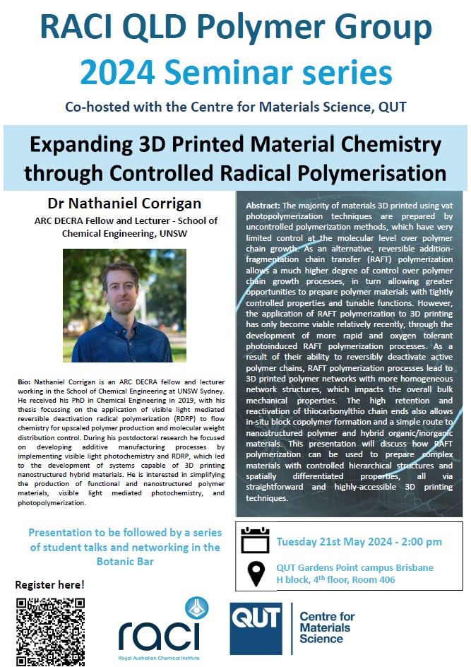 Irma Vermeijlen (@irmavermeijlen) on Twitter photo Join us for this year's first seminar series organised by <a href="/RACIQld/">RACI Qld Branch</a> polymer group and <a href="/QUT/">QUT</a> with invited guest speaker Dr Nat Corrigan on Tuesday May 21st. Please register via eventbrite.com.au/e/raci-qcms-se… or the QR code. Hope to see you all there and later at the Botanic Bar for drinks! Join us for this year's first seminar series organised by <a href="/RACIQld/">RACI Qld Branch</a> polymer group and <a href="/QUT/">QUT</a> with invited guest speaker Dr Nat Corrigan on Tuesday May 21st. Please register via eventbrite.com.au/e/raci-qcms-se… or the QR code. Hope to see you all there and later at the Botanic Bar for drinks!