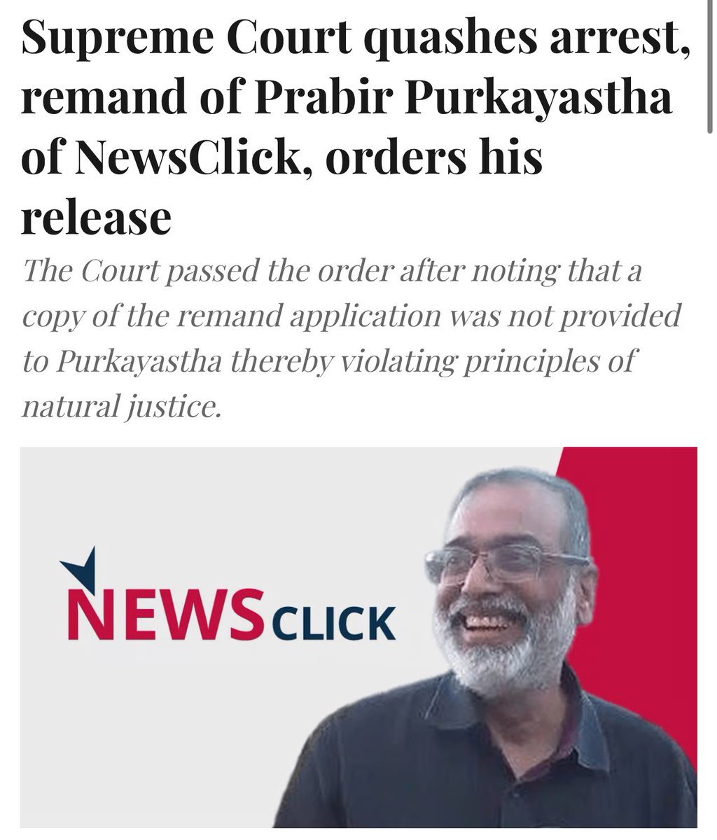 Another Gem from the MiLords of Supreme Court

Newsclick Founder Prabir Purkayastha released by SC! 

Newsclick just took money from Anti-India forces, they did nothing wrong