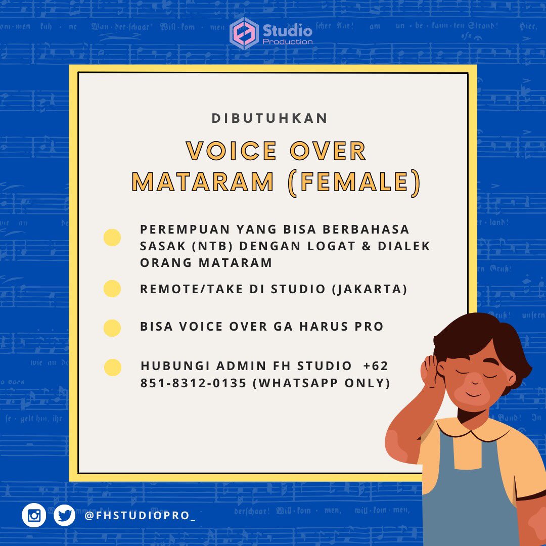 FHStudioPro_'s tweet photo. Panggilan untuk para Voice Over khususnya VO. Yg sesuai dgn kriteria bisa langsung WA ke nomor yg tertera di foto ini yaa! 🥰

Pimin tunggu~

#infoloker #dubbing https://t.co/BaJMXIieni