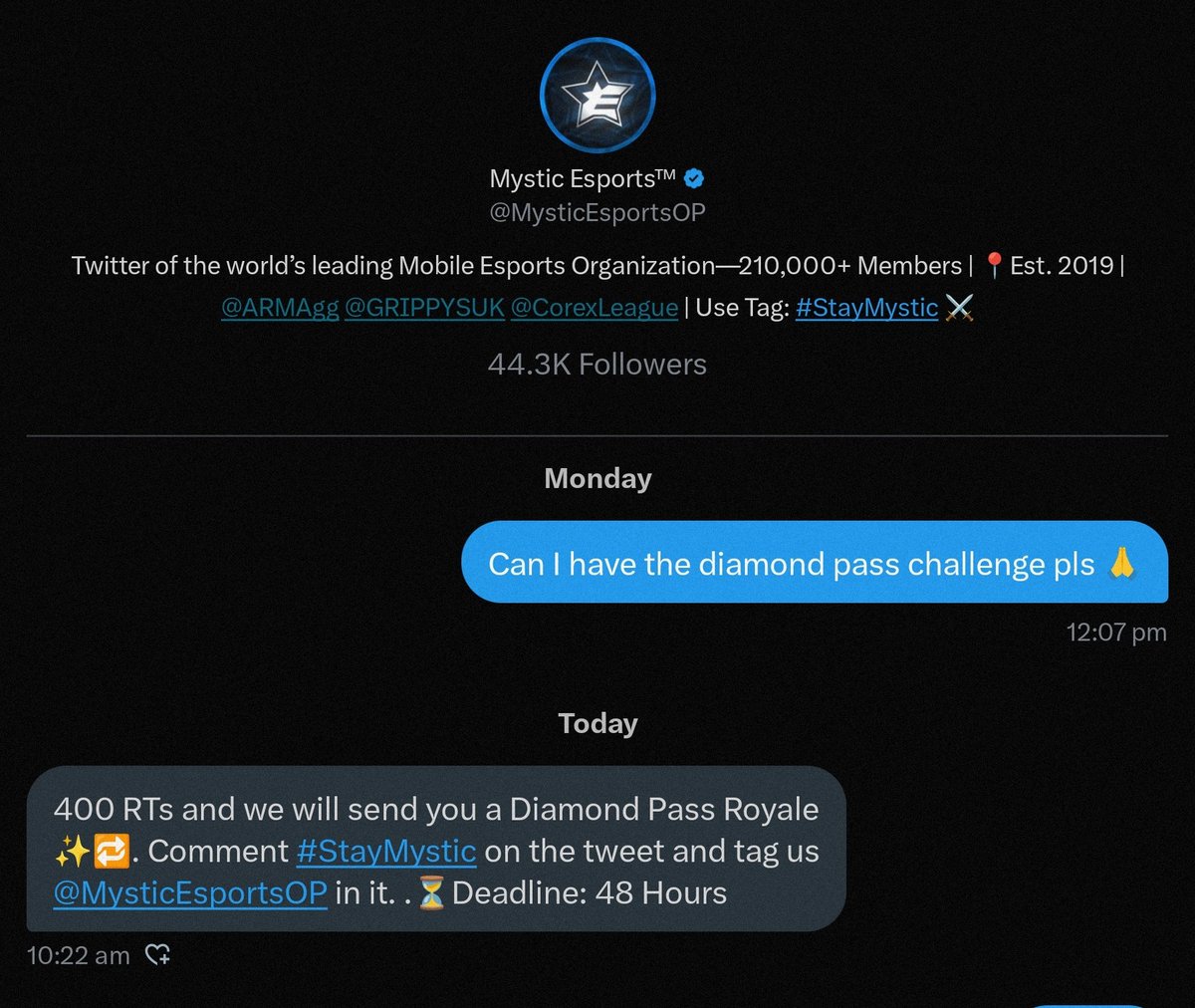 its_Ewizard's tweet photo. @MysticEsportsOP #StayMystic 
Pls guys help me reach 400 retweet every help appreciated pls guys pls
#ClashRoyale #Giveaway #DiamondPass https://t.co/CsFE9TcO1T