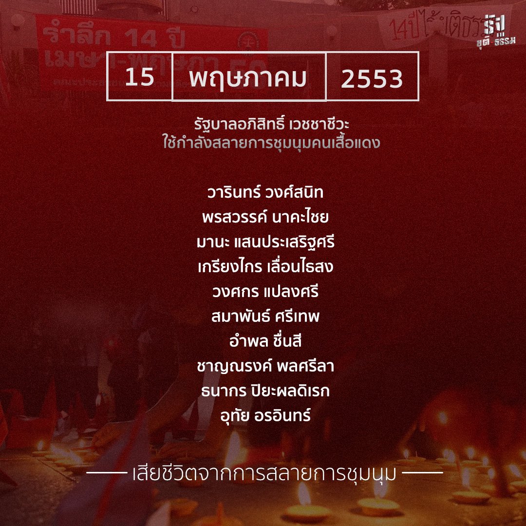 รำลึกวีรชนเมษา-พฤษภา
ขอความยุติธรรมคืนมาแด่ประชาชน

#รัฐยุติ_ธรรม
#14ปีเมษาพฤษภา53
#หยุดคุกคามประชาชน