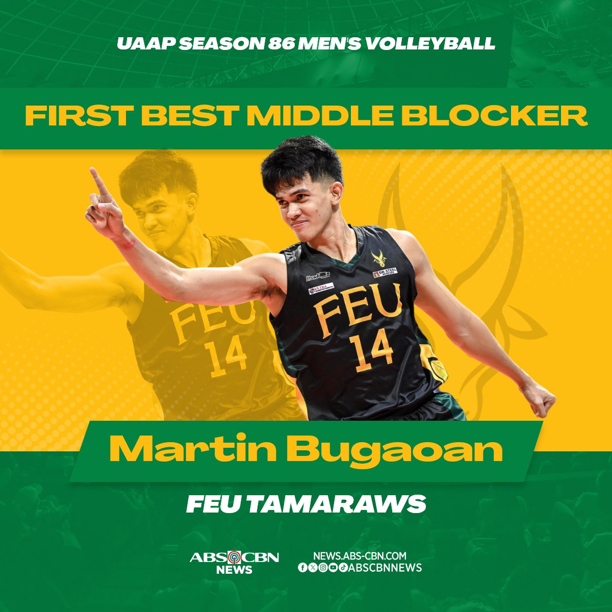 Martin Bugaoan took charge for Far Eastern University, and this made him earn the #UAAPSeason86 First Best Middle Blocker award. | via @romwelanzures