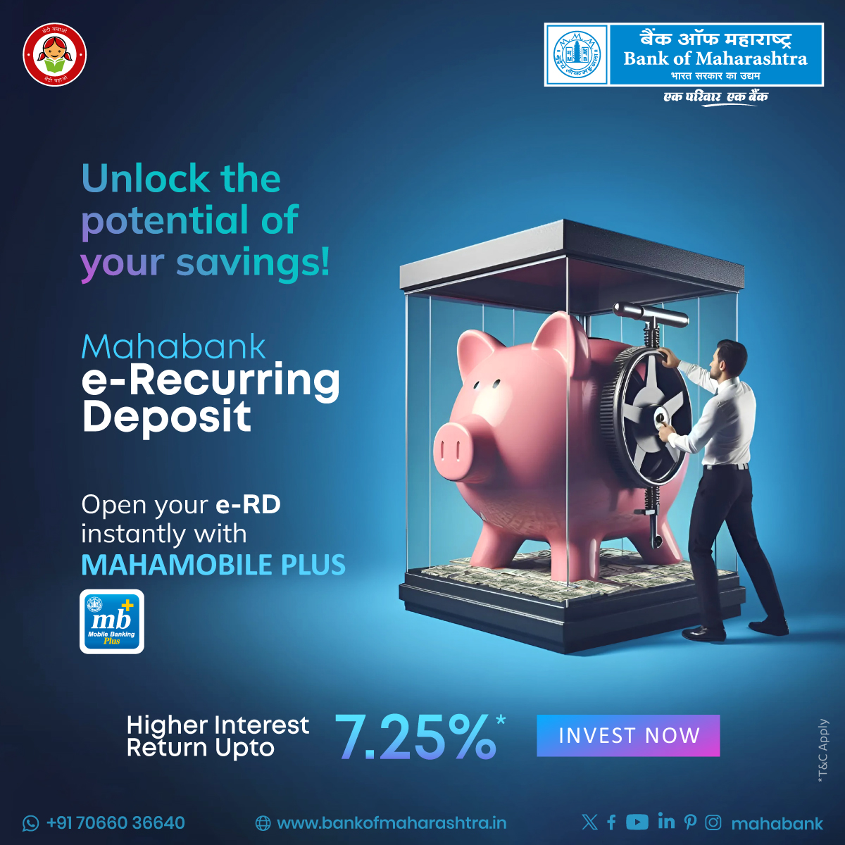 Start small savings today for a better tomorrow! Open your Mahabank e-Recurring Deposit instantly with #MahamobilePlus App and enjoy higher interest returns up to 7.25%. Start your investment journey today!
  
Download Mahamobile Plus App: bit.ly/41WsT4A  

#Mahabank