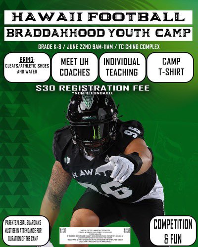 🚨Attention all Keiki🚨 The University of Hawaii Football Youth Camp is here!! 🔥🔥

Sign up with the link below 🏈👇

…bowwarriorfootballcamp.totalcamps.com/shop/EVENT
