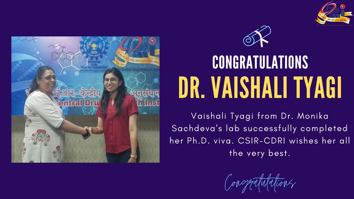 #Congratulations to Vaishali Tyagi from Dr. Monika Sachdev's lab on successfully completing her Ph.D. viva! 🎓 @CSIR_CDRI wishes her all the very best for her future endeavors. #PhD #Academictwitter @AcSIR_India @CSIR_IND