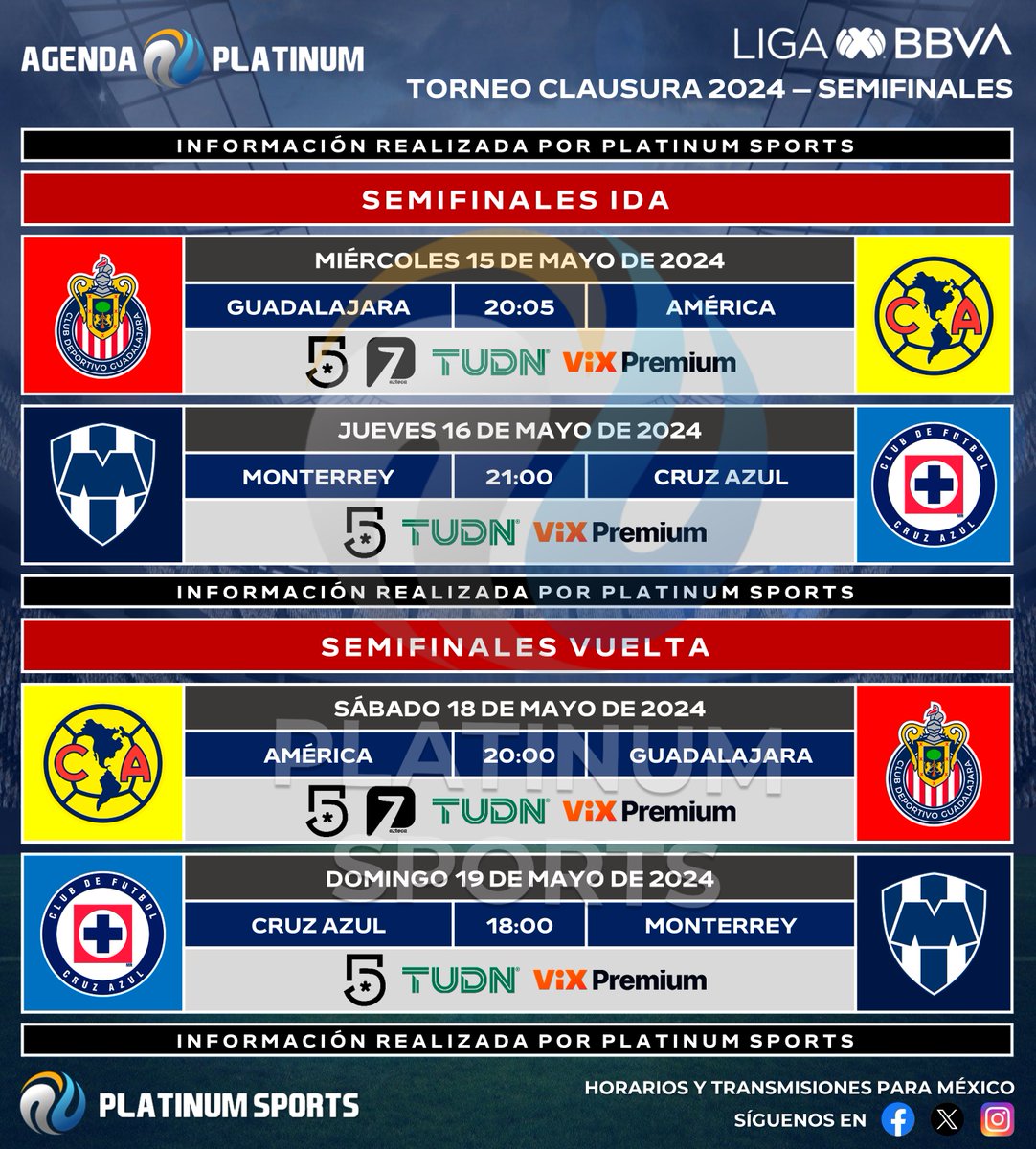 ⚽️ #AgendaPLATINUM 
🇲🇽 #LigaBBVAMX Clausura 2024 - Semifinales (ACTUALIZACIÓN)

➡️ Clásico Nacional por Azteca 7 y Canal 5.
⏰📺 Horarios y transmisiones para México.
⚠️ Sujeto a cambios. 

#Clausura2024 - #Semifinales