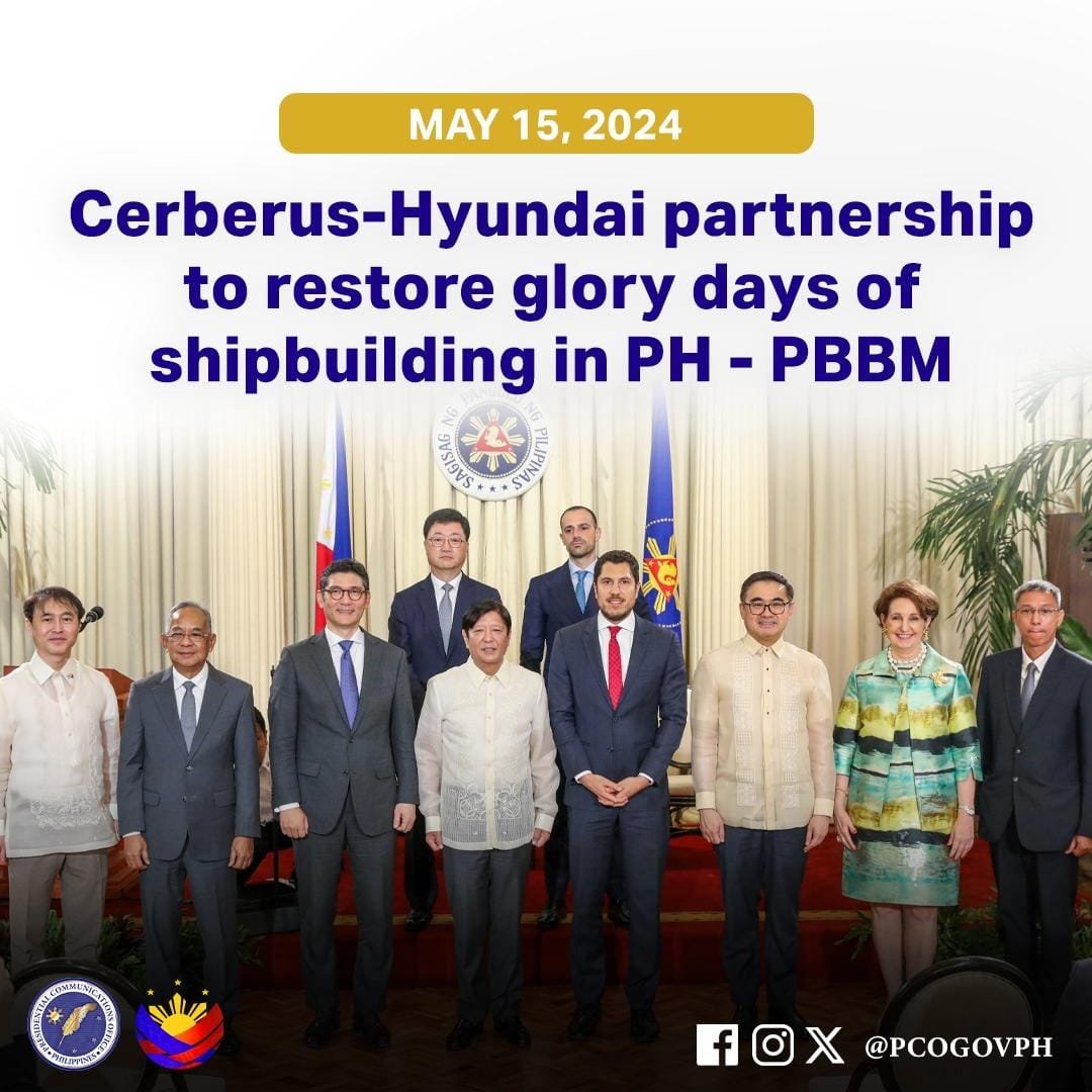 The investment plans of Cerberus and HD Hyundai Heavy Industries in the Philippines are seen to restore the heydays of shipbuilding in Subic and spur growth in the country, President Ferdinand Marcos Jr. said on Tuesday.

Read: pco.gov.ph/Cerberus-Hyund…