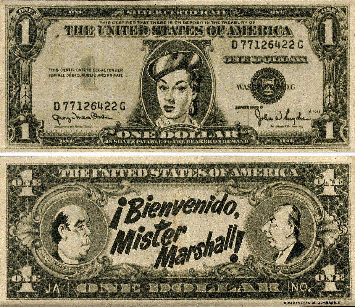 🎞️💵Cosas curiosas que aparecen en la biblioteca auxiliar. ¿Recordáis la foto del libro de ayer de Federico Casal? Dentro de ese volumen apareció este singular folleto propagandístico de la película 'Bienvenido, Mister Marshall' (1953), de Luis García Berlanga.