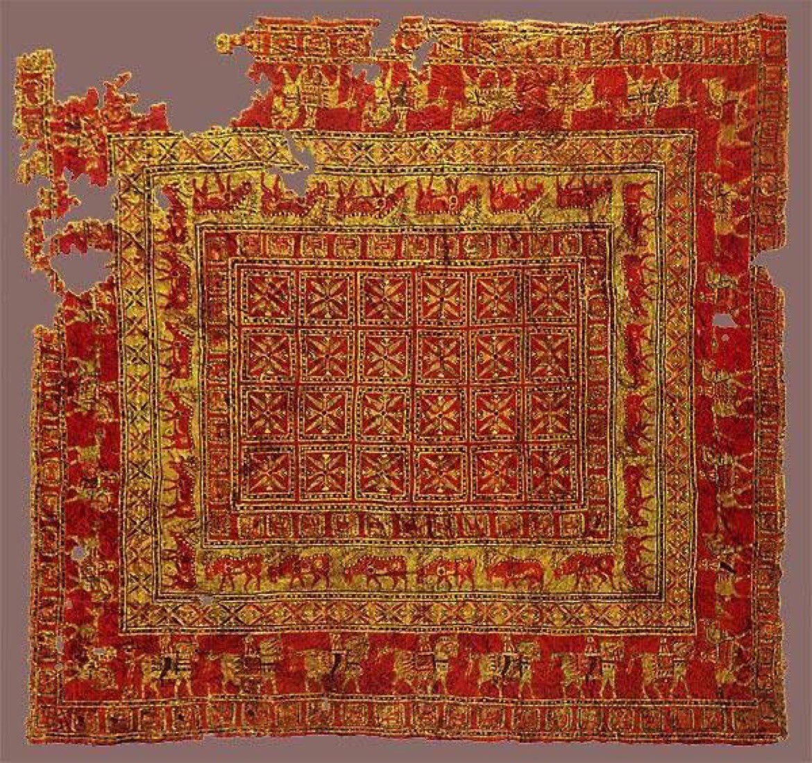 Pazyryk Carpet - the oldest hand-knotted oriental rug known was excavated from the Altai Mountains in Siberia in 1948. It was discovered in the grave of the prince of Altai near Pazyryk, 5400ft above sea level, and clearly shows how well hand-knotted rugs were produced thousands