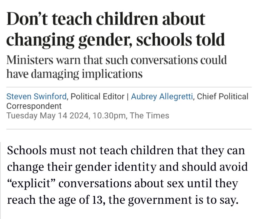 Conservatives looking at Section 28 and deciding to bring it back on steroids. The inevitable outcome of this is that young people will be left without support, which means more mental health issues. Not that the 'it's about child safety' transphobes care. thetimes.co.uk/article/c0c638…