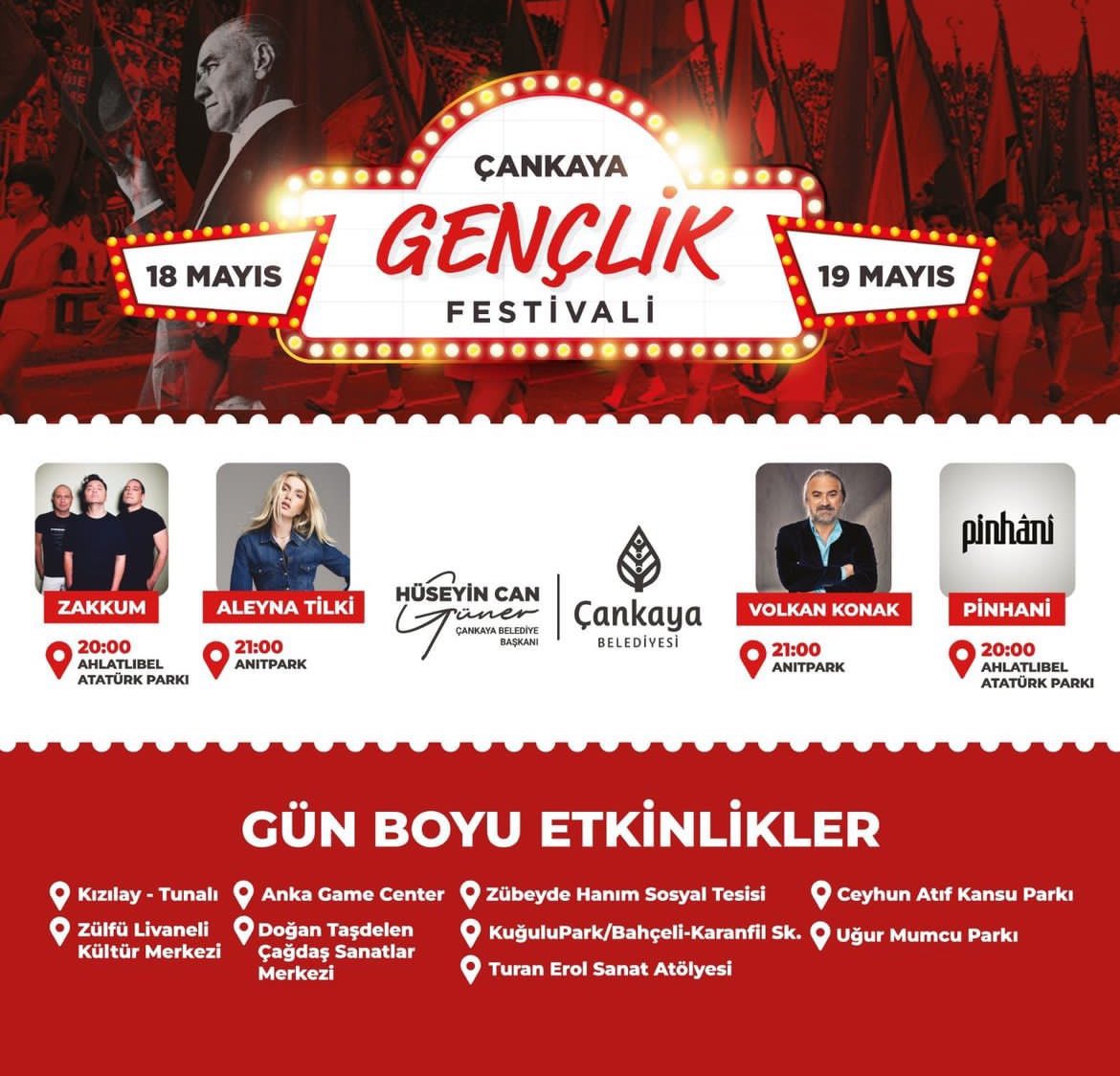 19 Mayıs Atatürk'ü Anma, Gençlik ve Spor Bayramı’nı Çankaya’mıza çok yakışacak bir coşkuyla kutluyoruz. Sizler için 4 muhteşem konser ve ayrıca gün boyu farklı noktalarda düzenlenecek renkli etkinliklerle tüm hafta sonu sürecek çok keyifli bir program hazırladık. Tüm