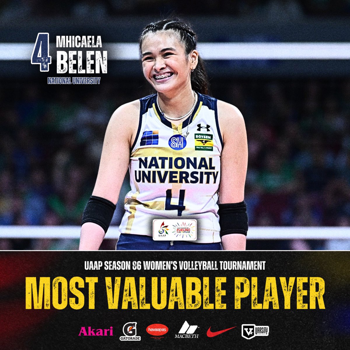 Season 84 MVP Mhicaela Belen has once again proven her dominance on the volleyball court by reclaiming her title and being crowned the MVP of the #UAAPSeason86 Women's Volleyball Tournament. Congrats, Belen! #FuelingTheFuture