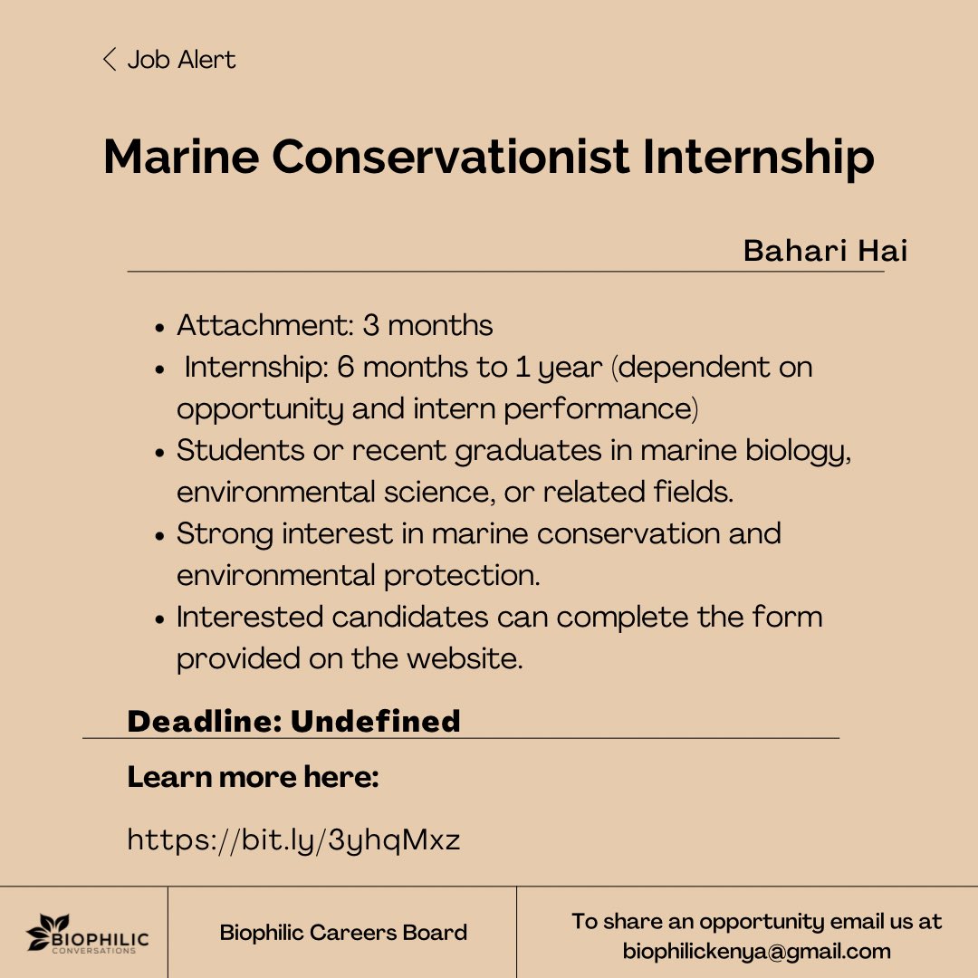 Dive into marine conservation with Bahari Hai's internship program! 🌊 ⏳Duration: Attachment: 3 months Internship: 6 months to 1 year (dependent on opportunity & intern performance) Can be both physical and remote Apply here :- bit.ly/3yhqMxz