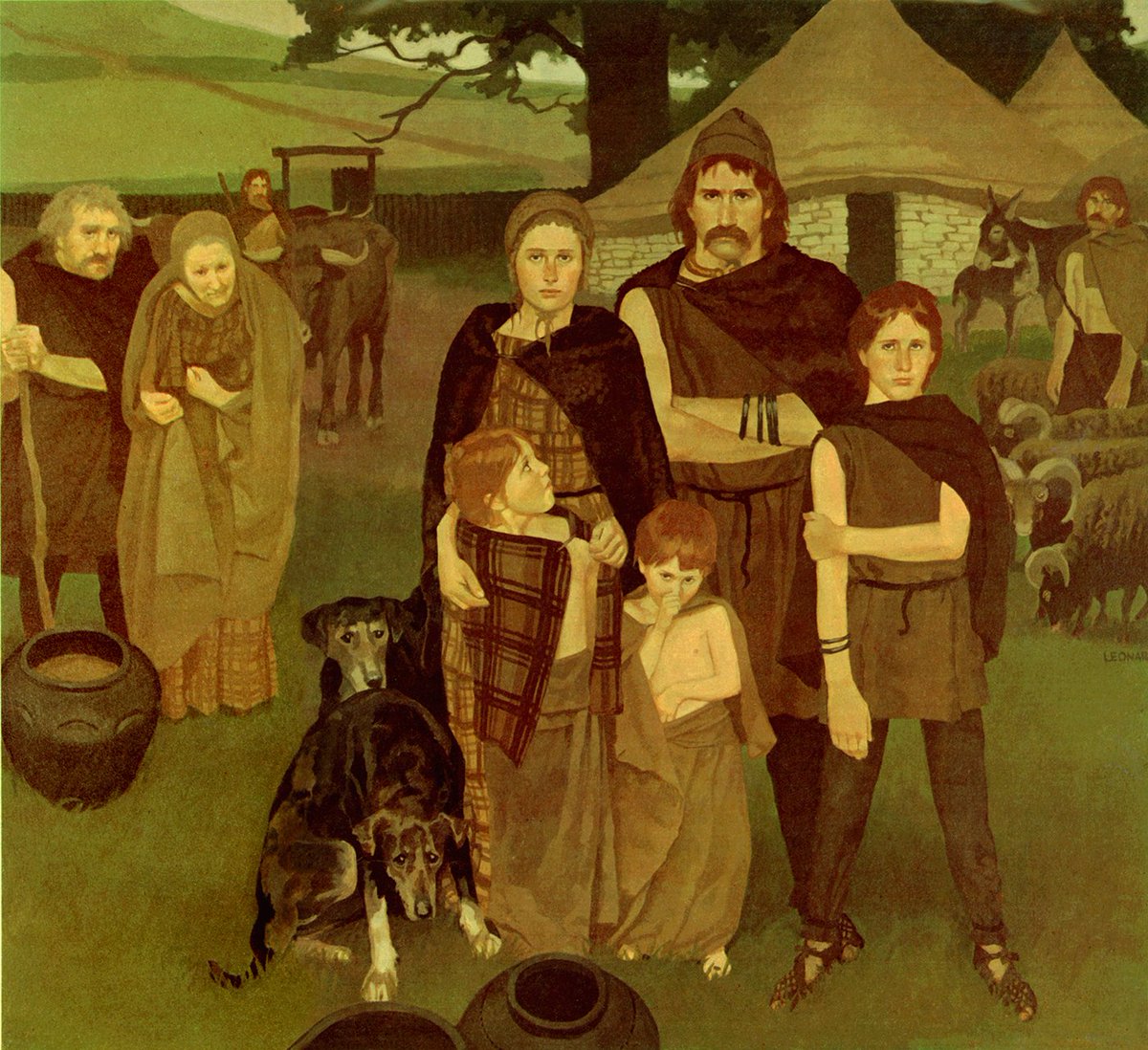 An Iron Age family pose, as if for a passing time-traveller, in a gorgeous painting © Michael Leonard 1973 Made for the Sunday Times series *Discovering Ancient Britain* written by Barry Cunliffe Happy #HillfortsWednesday!