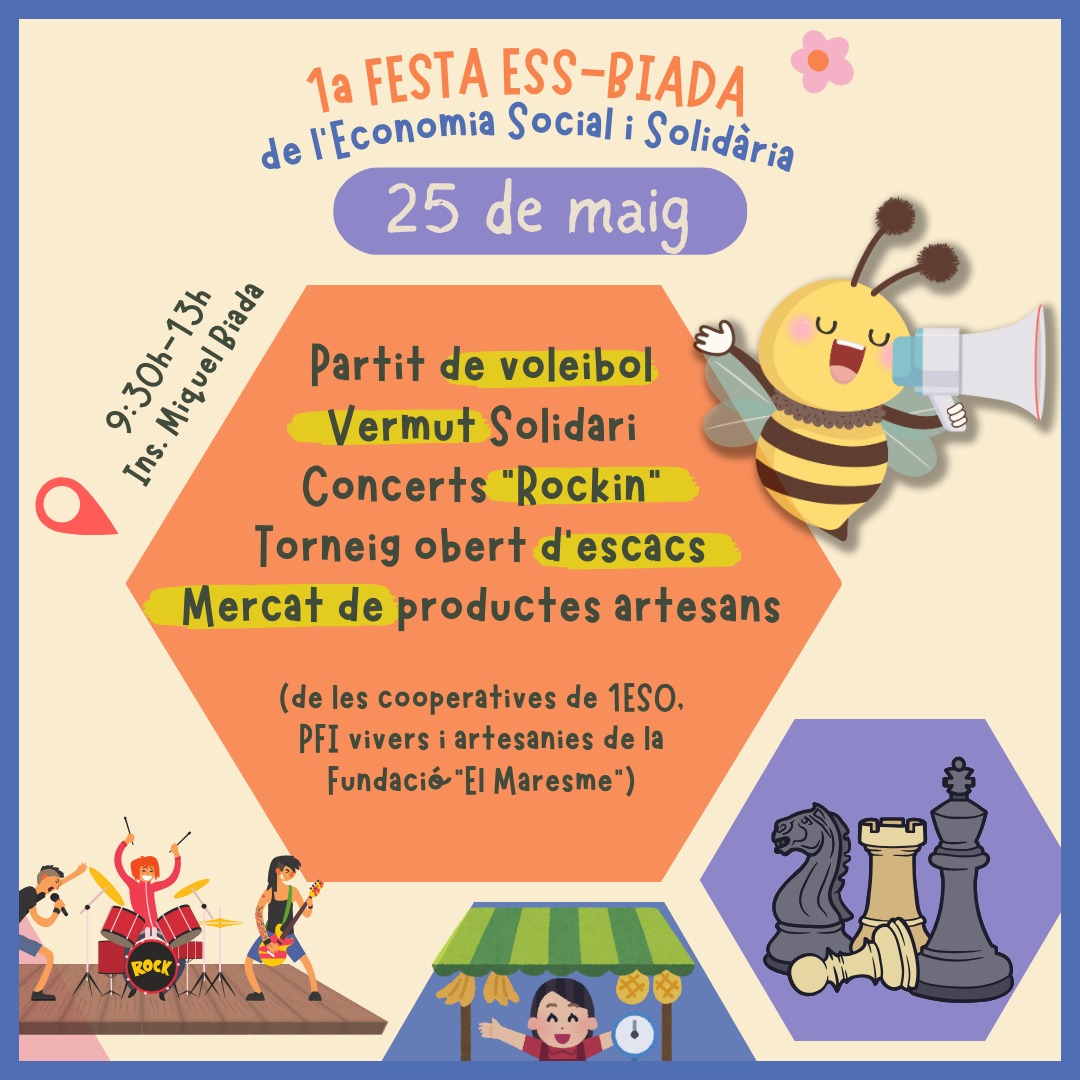 Les 4 cooperatives d'alumnes de l'@insbiada de Mataró  organitzen la 1a Festa de l'Economia Social i Solidaria Biada. 🎉

🗓 Dissabte 25 de maig
🕰 de 9:30 a 13h
📍 A l'Institut Miquel Biada

Una festa cooperativa, per a tota la comunitat, amb un munt d'actes solidaris. Som-hi!