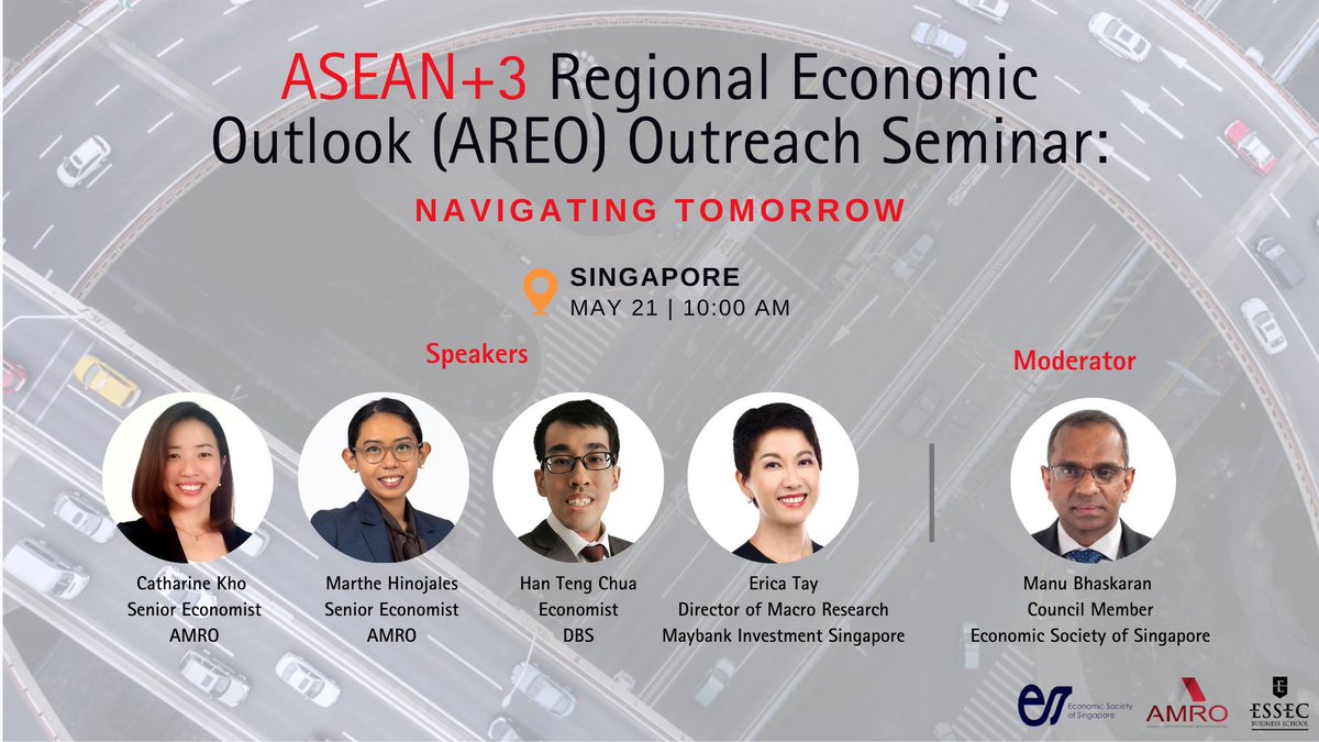 Join us for the #AREO 2024 seminar, Navigating Tomorrow on May 21 at 10:00 AM (GMT+8). Join experts as they discuss #ASEANplus3 economic developments!

Jointly organized by Economic Society of Singapore (ESS), AMRO and ESSEC Business School. 📌REGISTER: bit.ly/4bEvKTK