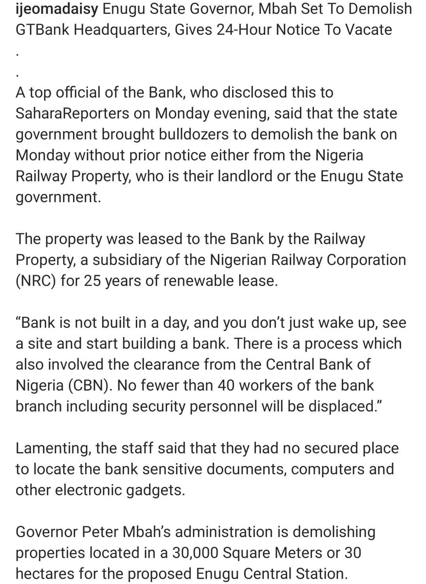 Rain of Demolition everywhere. From Lagos to Abuja, Asaba to Enugu and Ebonyi. Our government just de demolish things daily. Isn't it shocking how people are given 24 hours to vacate a building? How do you tell a bank you are giving them 24 hours to vacate? Well, we just have…