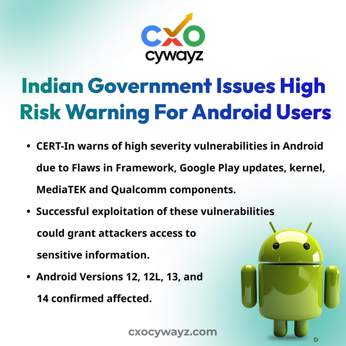 High-Risk Alert for Android Users 
#Android #Google #Play #Arm #MediaTek #Qualcomm #CyberSecurity #CERTIn #TechAlert #MobileSecurity #StaySafe #cxocywayz #cxo