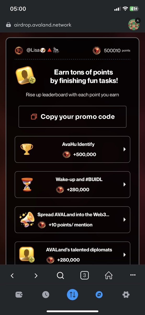 HOW TO PARTICIPATE?

1. Join here: airdrop.avaland.network/dashboard

2. Enter my promo code to join:

“ eVazbkbxG-nnP_ufqcubM “ 

3. Go to “Airdrop”

4. Complete first task in which you have minted the NFT CARD to earn 500k point.

Refer more earn more.