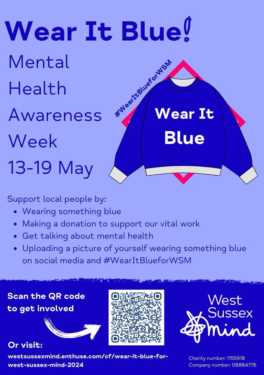 This Saturday we’re teaming up with West Sussex Mind to promote Mental Health Awareness week - why not show your support by wearing something blue for parkrun. #WearItBlueforWSM
