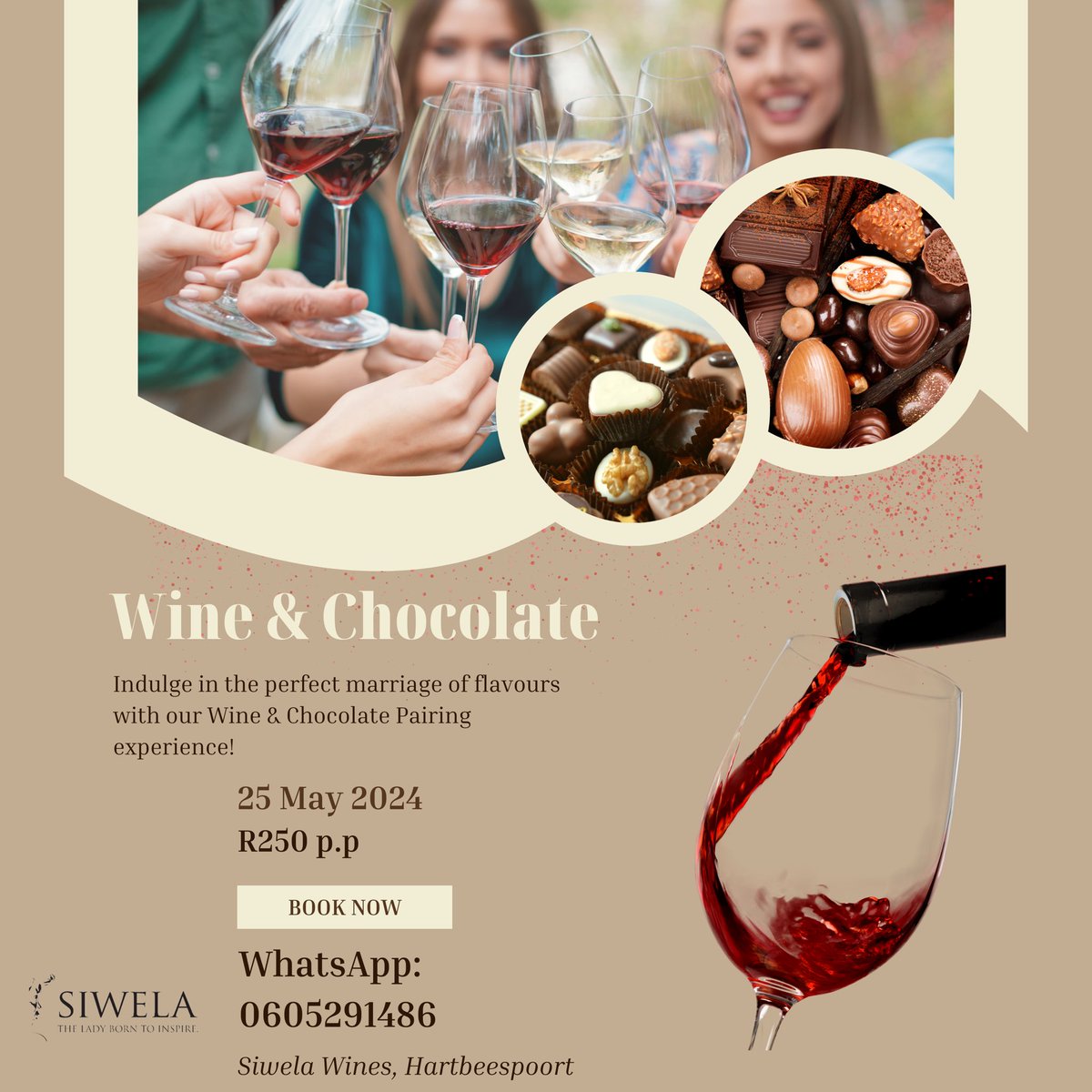 Sippin' wine, devourin' chocolate... It's just another day in paradise! Experience the divine pleasure of Siwela Wine’s Chocolate and Wine Pairing experience- trust me, it's a match made in heaven! #WineAndChocolate #SiwelaWines #HeavenlyPairing #WineTime #ChocolateLovers