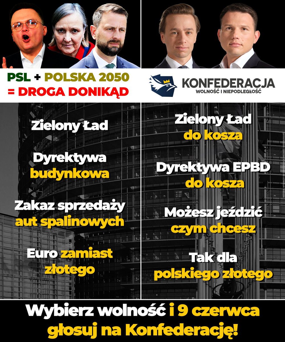 9 czerwca wybór jest jasny - albo Konfederacja, albo Trzecia Droga, czyli droga donikąd z Różą Thun, która w europarlamencie głosuje zawsze przeciwko Polsce i popiera wszystko, co szkodzi Polakom.

Wybierz mądrze.
