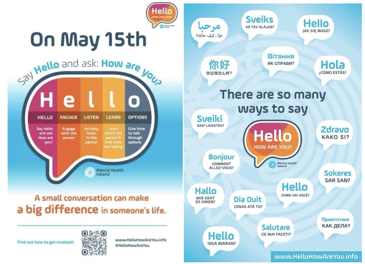 CypscLw's tweet image. LW CYPSC support Mental Health Ireland’s National Hello, How Are You day today 15th May 2024. 

A campaign that highlights how a small conversation can make a big difference. 

For more information visit:  hellohowareyou.info