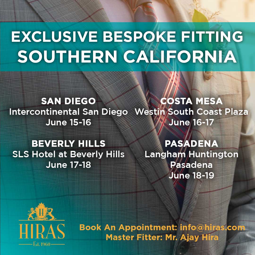 Embrace the art of bespoke tailoring with custom pieces that reflect your unique style. Secure your spot in advance and join us for a personal fitting in #SoCal next month! Book an appointment online hiras.com/Trip-Schedule #fashionstyle #menstyle #womensfashion #hirasbespoke