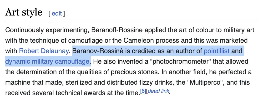 Вчора дізнався, що винайдення динамічного камуфляжу приписують українському авангардисту Володимиру Баранову-Россіне (Звісно, у вікіпедії він помічений як кацапський).
@ukr_arthistory have you ever tweeted abot him?