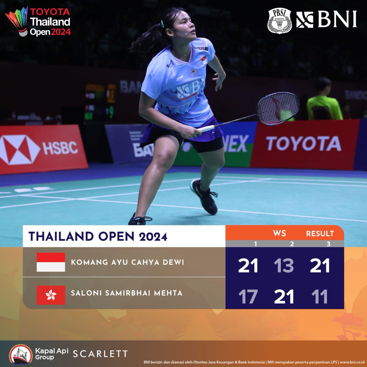 Komang Ayu melewati babak 32 besar Thailand Open 2024 dengan menyingkirkan Saloni Samirbhai Mehta dari Hong Kong.

Menyala Komang! 💯🔥🇮🇩

#ThailandOpen2024
#KitaIndonesia
#BadmintonIndonesia #MenjagaMerahPutih  #BNIGlobalReachIndonesianPride