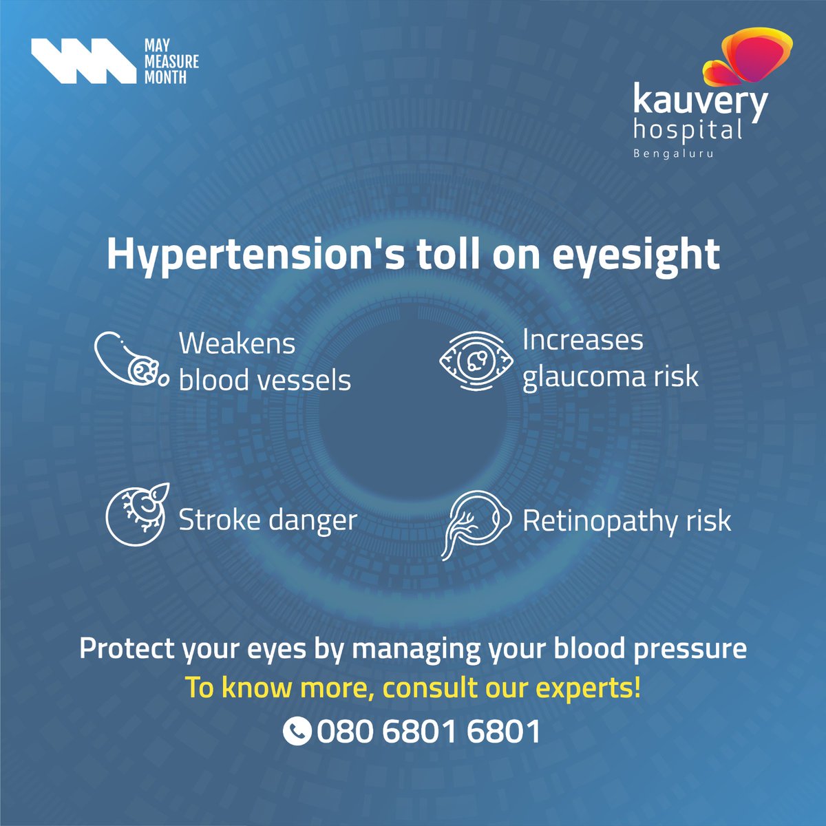 Silent but serious - Hypertension can damage your vision without you even noticing. Protect your #eyes by getting your blood pressure under control.

This #MayMeasureMonth, learn more about the connection between blood pressure and eyes.

#kauveryhospitals #hypertensionawareness
