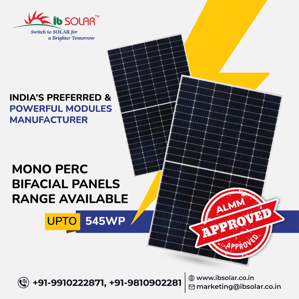 Explore our range of high-efficiency mono PERC bifacial panels, now ALMM approved. Reach up to 545WP and unleash unparalleled performance. 

Visit our products : ibsolar.co.in/solar_panels.p…
Or call us at +919910222871, + 9810902281

#monoperc #sustainability #solarpanel #ibsolar