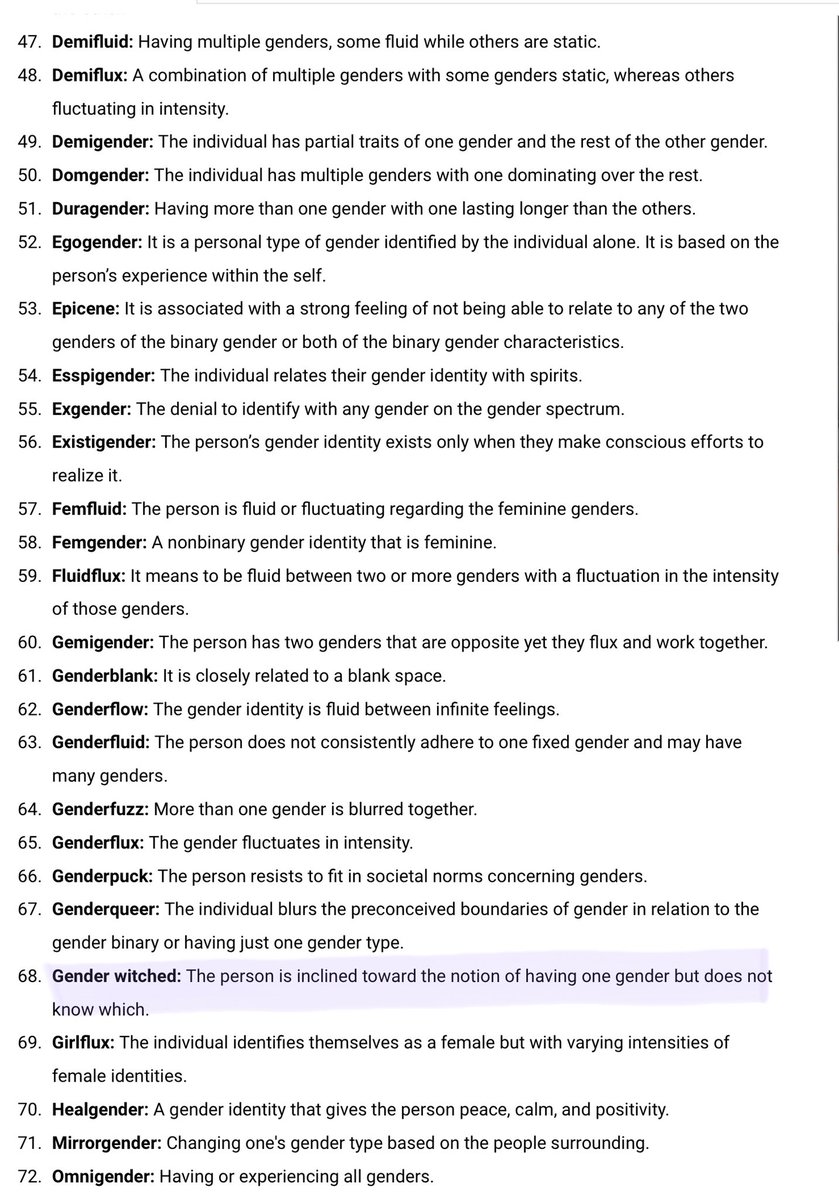 Plan to ban sex education for children under nine 👶

🤣Here’s the 72 Genders

I can’t decide whether I’m an Astergender: a bright and celestial gender or just an Astral gender, one that only feels related to space. 👽🚀

Confusing 

bbc.co.uk/news/uk-politi……