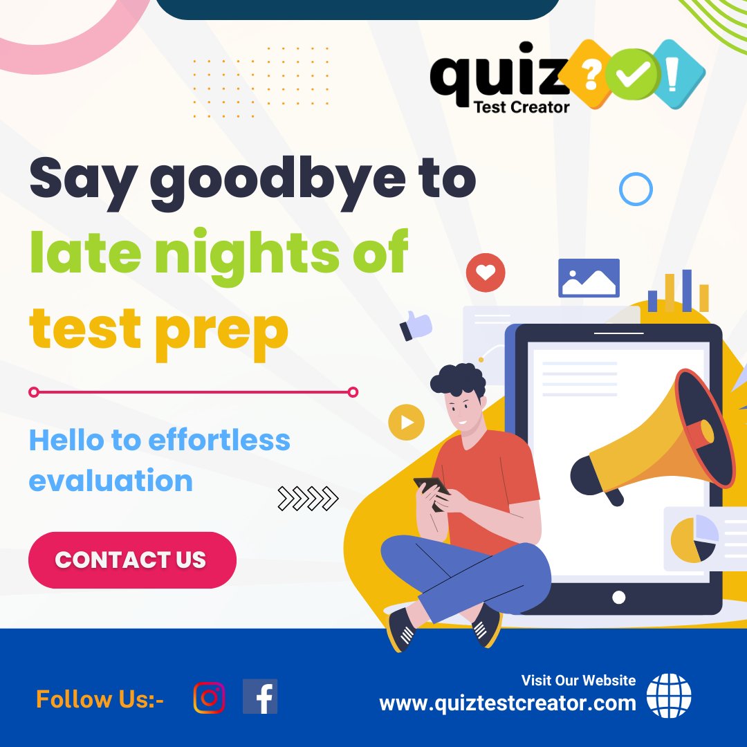 QuiztestCreator's tweet image. Transition from late-night test preparation to seamless evaluation with our Quiz Test Creator!🚀

Take the action -Sign Up Now! 
Visit Now: quiztestcreator.com

#SeamlessTesting #TestPrepNoMore #Efficiency #EvaluationMadeEasy #GoodbyeLateNights #NoMoreStress #QuizTestCreator