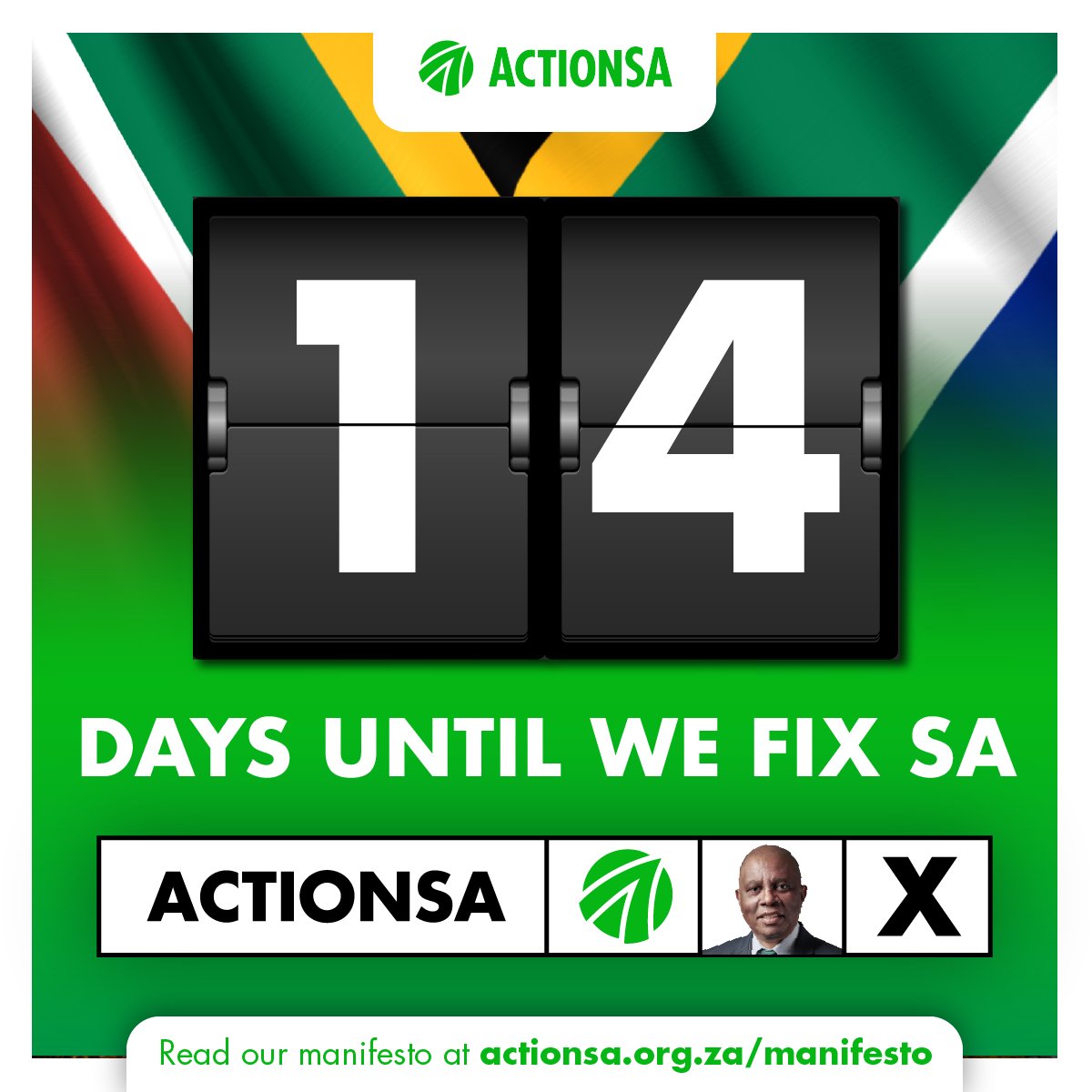 1️⃣4️⃣ 𝗱𝗮𝘆𝘀 𝘁𝗼 𝗴𝗼! In just two weeks - on Wednesday, 29 May - we head to the polls. Get ready to cast your vote and make your voice heard!   #VoteActionSA 🗳️