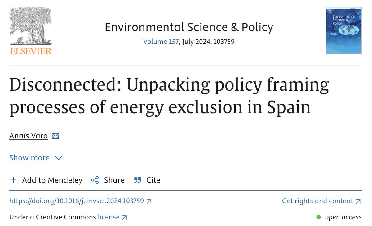 🚨 NEW PAPER ALERT! 

🔍 Excited to share my last article  'Disconnected: Unpacking policy framing processes of energy exclusion in Spain'. 

#EnergyExclusion #EnergyPoverty #PolicyAnalysis

🔓 Open access: doi.org/10.1016/j.envs…

Let's dive into it 👇 

(1/5)