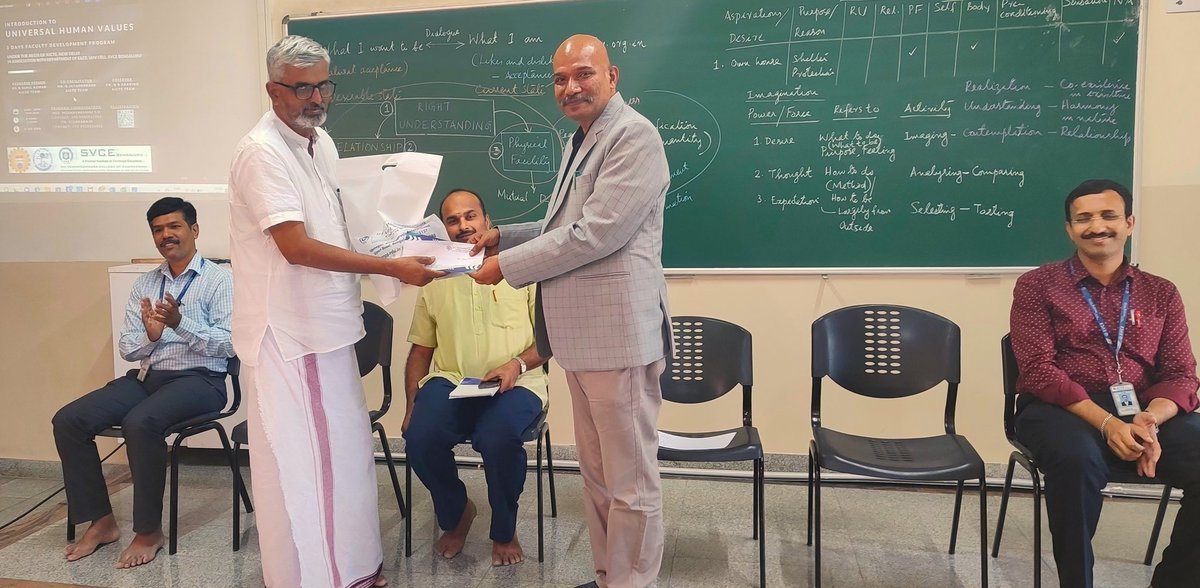 SvceBengaluru's tweet image. Concluded a successful Faculty Development Programme on #UniversalHumanValues at SVCE Bengaluru!✨

Our insightful discussions covered:

Harmony in Human Being &amp;amp;
Harmony in Society &amp;amp; Harmony in NatureCoexistence at All Levels
Thanks to the AICTE UHV team for their guidance!