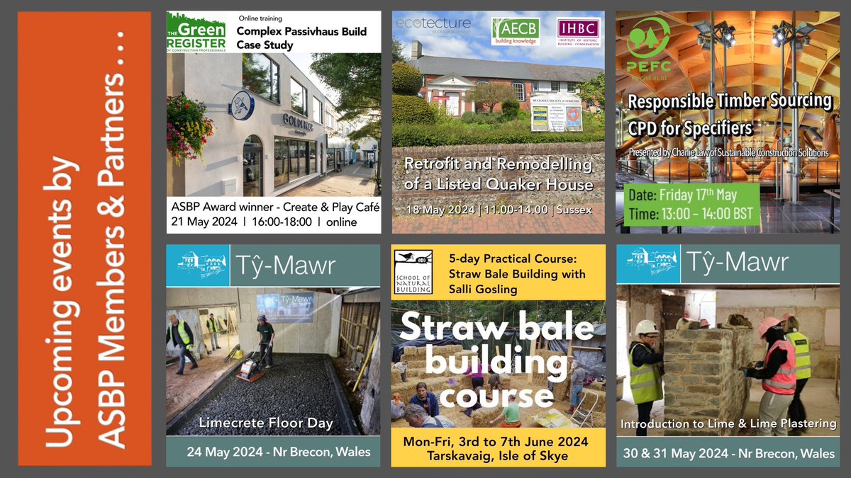 Upcoming events by our Members and Partners asbp.org.uk/partner-member…

@greenregister @ecotecture @AECBnet @IHBCtweet @PEFC_UK @CharlesLaw_SCS @TyMawrLime @schoolofnatura1