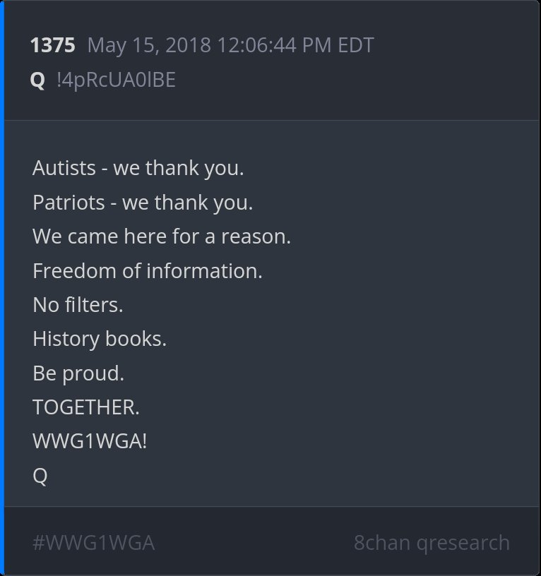 6 year Delta - Autists - we thank you. Patriots - we thank you. We came here for a reason. Freedom of information. No filters. History books. Be proud. TOGETHER. WWG1WGA!