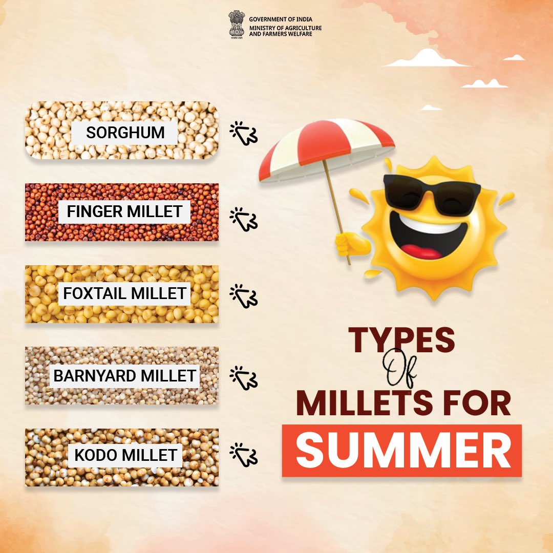 Our summer staples include Sorghum, Finger Millet, Foxtail Millet, Barnyard Millet, and Kodo Millet this year. Easy to digest and healthy, these millets are incredibly versatile too . ☀️   #SummerMillets #NutrientBoost #IYM2023 #summer
