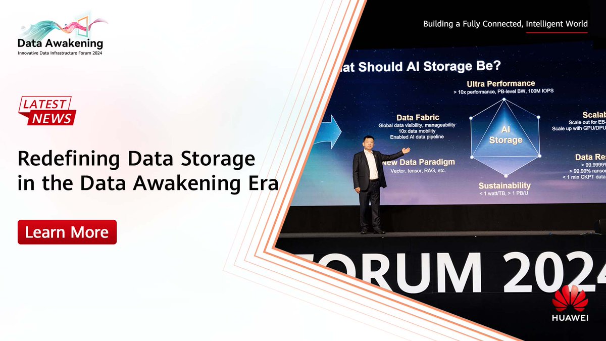 HuaweiEnt's tweet image. #GenAI demands a redefinition of data storage. At #HWIDI, Dr. Peter Zhou, President of Huawei&apos;s Data Storage Product Line, shares insights on redefining data storage in the #DataAwakening era. Discover these insights: bit.ly/3wlqh5i #HuaweiStorage #HuaweiNews