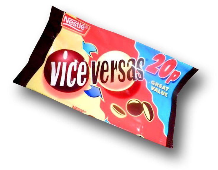 Vice Versas were the Minstrel-shaped sweets with either white chocolate on the outside and milk chocolate in the middle or vice versa!

#90s #nostalgia #talk2thehand #watch90s