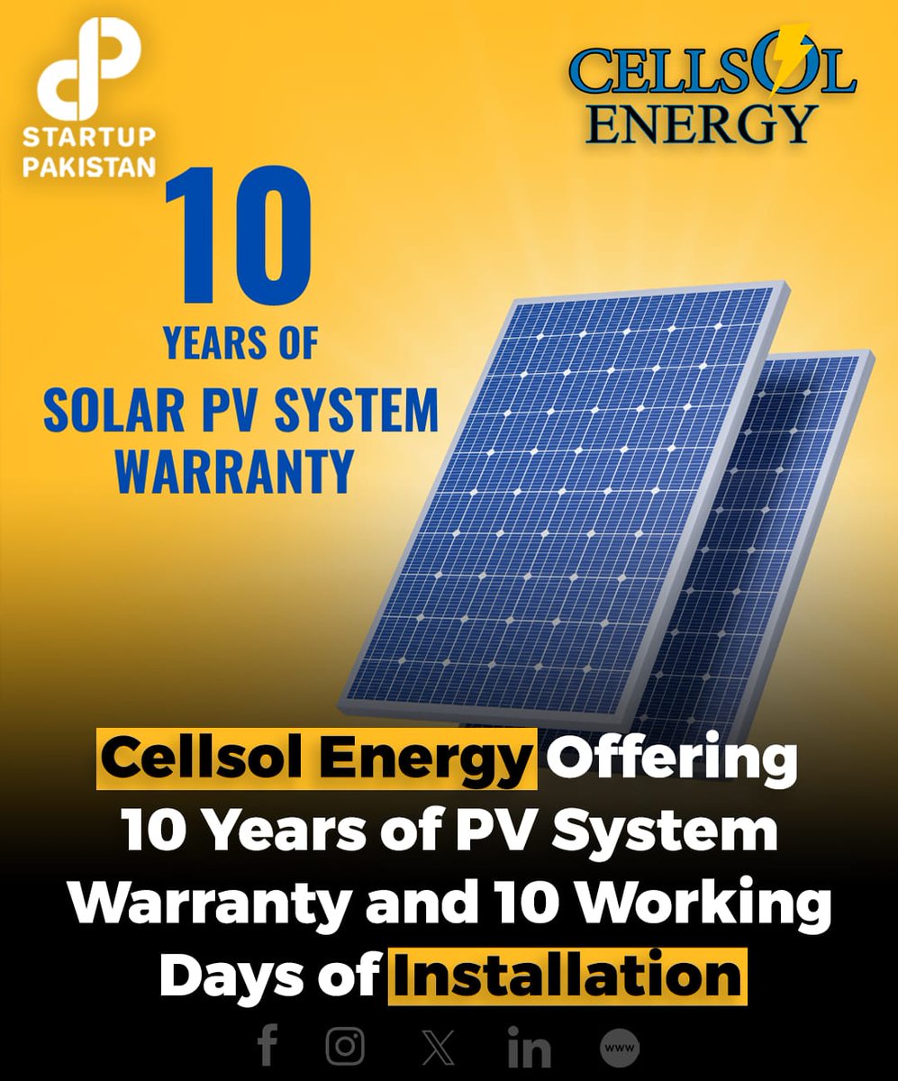 Cellsol Energy assures customers of quality and reliability with its solar PV systems featuring a 10-year warranty and installation completed within 10 working days. 

Read More: startuppakistan.com.pk/cellsol-energy…

#Cellsolenergy #Solarsystems #Pakistan