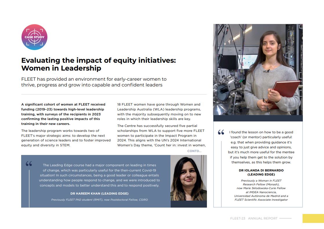 FLEET 2023 equity efforts included evaluating impact of past equity measures, including Women & Diversity in FLEET fellowships/scholarships, equity-related training + looking at increasing visibility of women in STEM An excerpt from the 2023 annual report fleet.org.au/fleet_public/w…