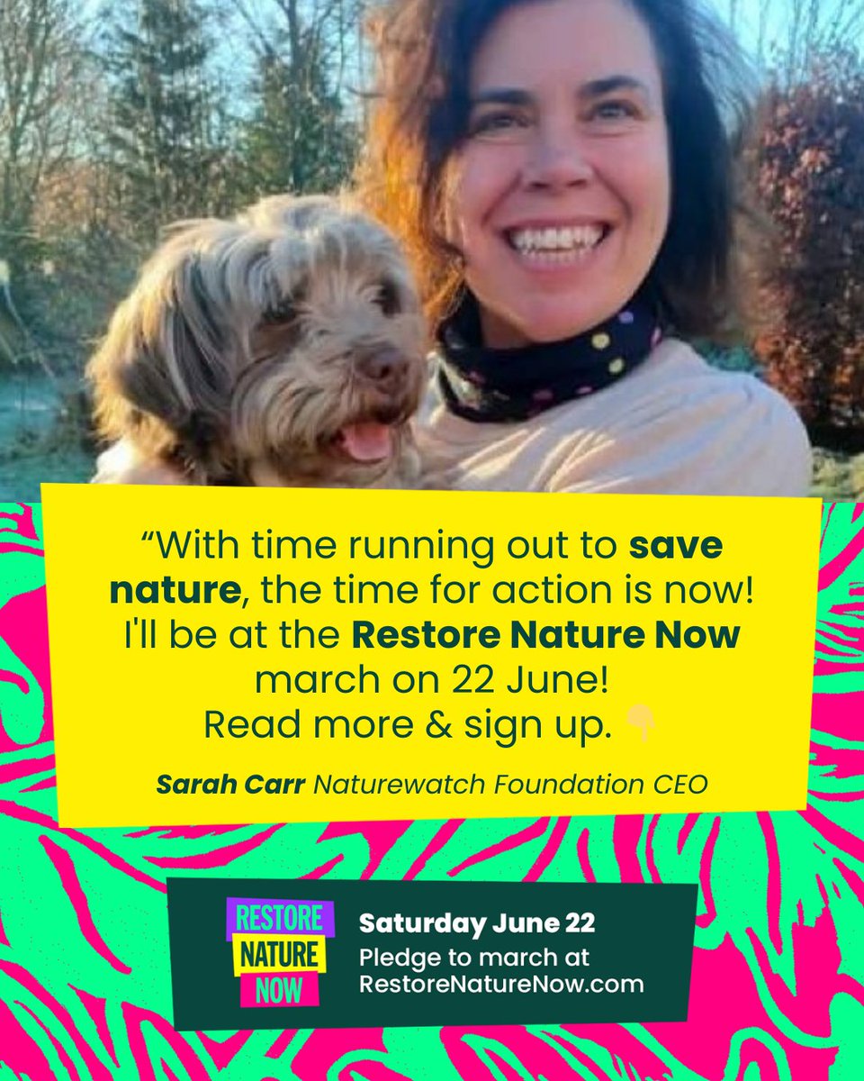 📢 150 organisations are supporting the peaceful #RestoreNatureNow march in London on June 22! We're calling on everyone to join us & send a clear message to politicians. Sarah our CEO will be there. Will you? Pledge to march: restorenaturenow.com @RNNMarch #WildWednesday